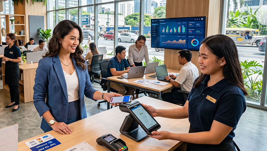 Customer making a digital payment while employees use computers and tablets in a busy business setting.