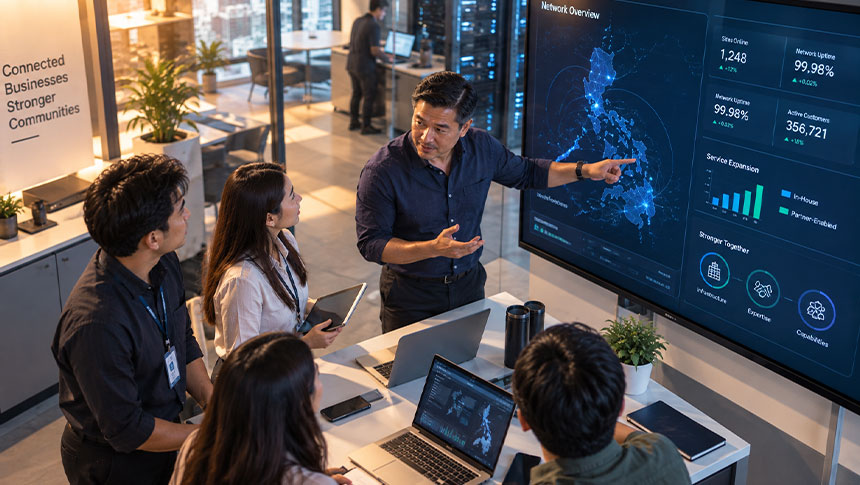 Business team reviewing network performance data on a digital dashboard.