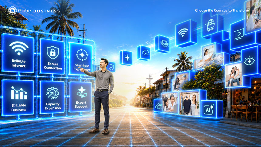 Man pointing at digital panels showing reliable internet, secure connections, and other connectivity features.