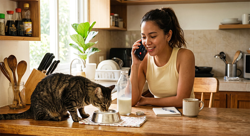 Woman talking on the phone while her cat eats beside her.