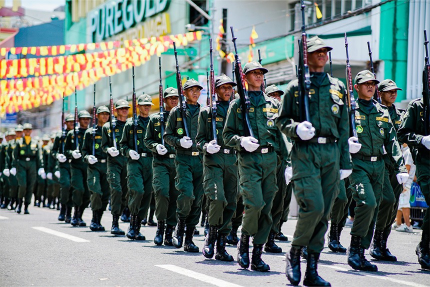 Photo of soldiers marching during the 13th Bicol Regional Military Parade in 2023.