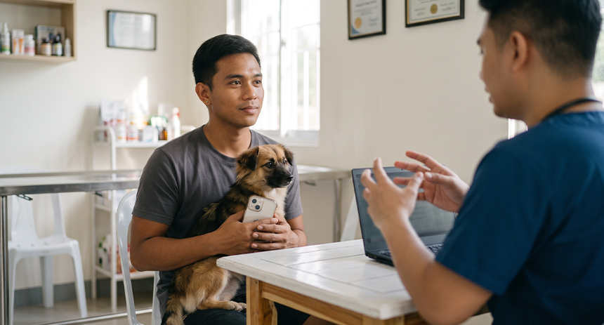 Pet owner consulting a veterinarian while holding a dog.