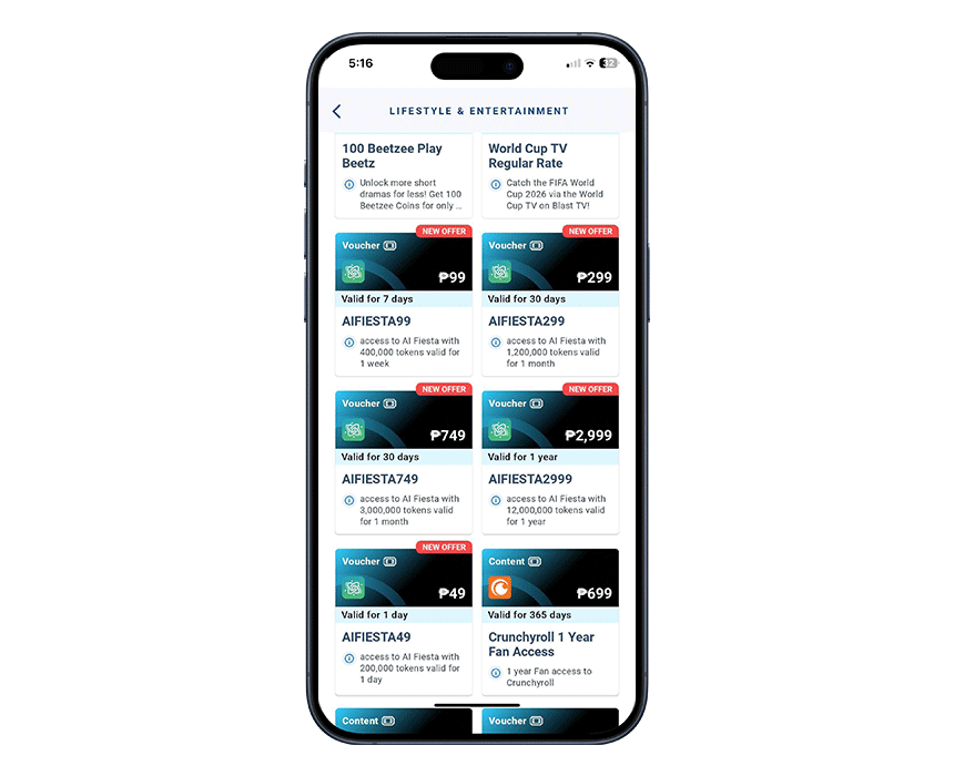 Close-up of the GlobeOne mobile app user interface detailing AI Fiesta bundles.