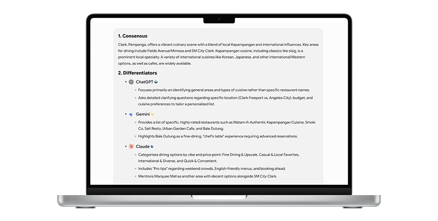 AI Fiesta interface displaying an AI-generated plan with organized recommendations and next steps.