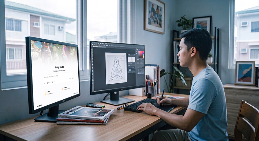 man working at a dual-screen workstation, focusing on the UI of Image Studio while generating design inspiration.