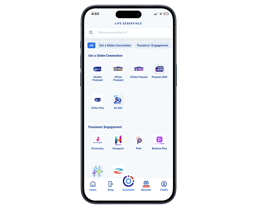 GlobeOne app Life Essentials dashboard.