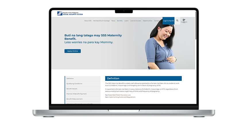 SSS website page featuring information about the SSS Maternity Benefit.