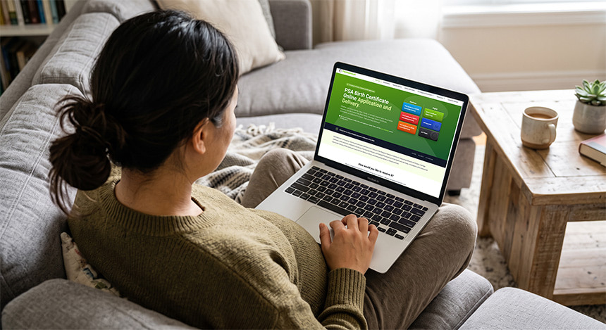 Woman accessing the PSA birth certificate online application page on her laptop.