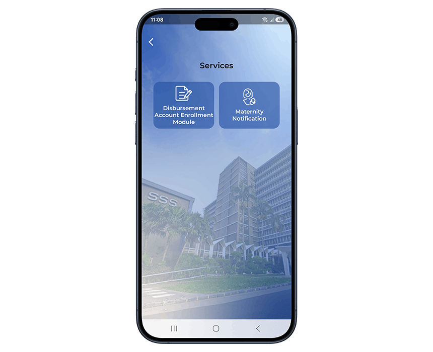 My.SSS mobile app showing the Maternity Notification service option.