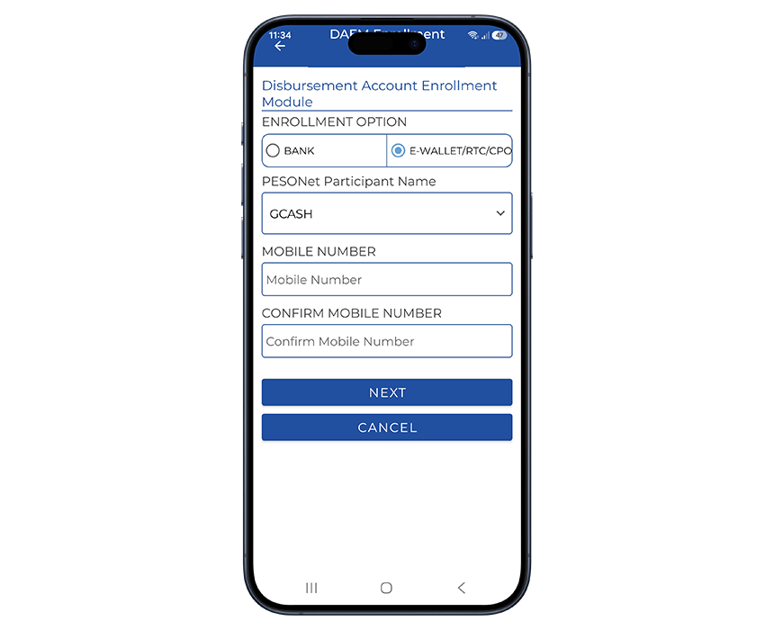 My.SSS app showing the Disbursement Account Enrollment Module with GCash as a payout option.