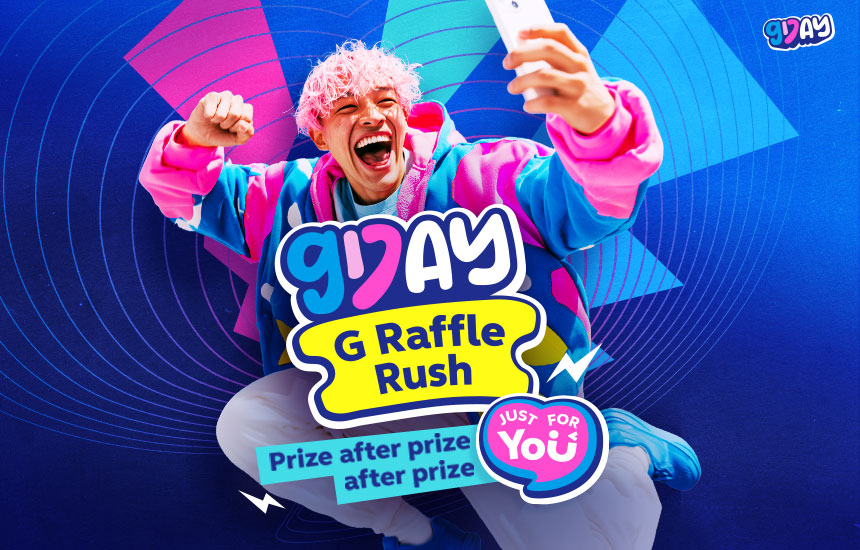 GDay G Raffle Rush graphic with a person celebrating while holding a smartphone.