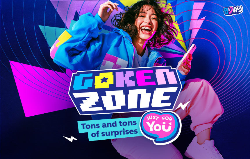 GDay Goken Zone graphic showing a woman celebrating while holding a smartphone with colorful graphics around her.