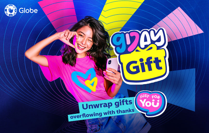 Young woman smiling while holding a smartphone beside a colorful GDay Gift graphic.