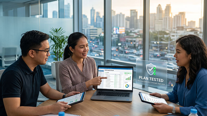 Three professionals discussing a continuity plan with text "Five Business Continuity Strategies Every Organization Should Consider."