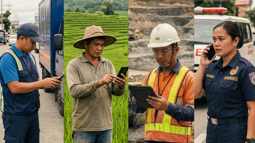 Workers in logistics, farming, mining, and emergency services with text "Business Continuity in Action Across Industries."