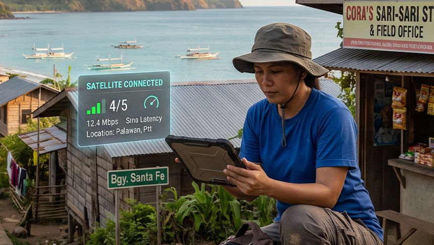 Woman using a tablet outside a sari-sari store with text "Supporting Business Continuity with Satellite-Powered Connectivity."