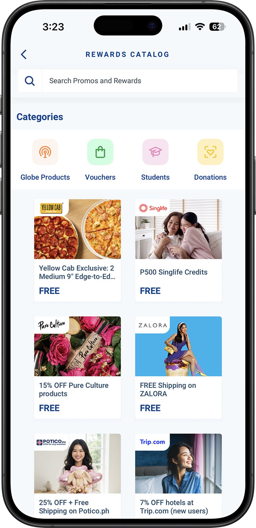 GlobeOne app Rewards Catalog showing reward categories and voucher options.