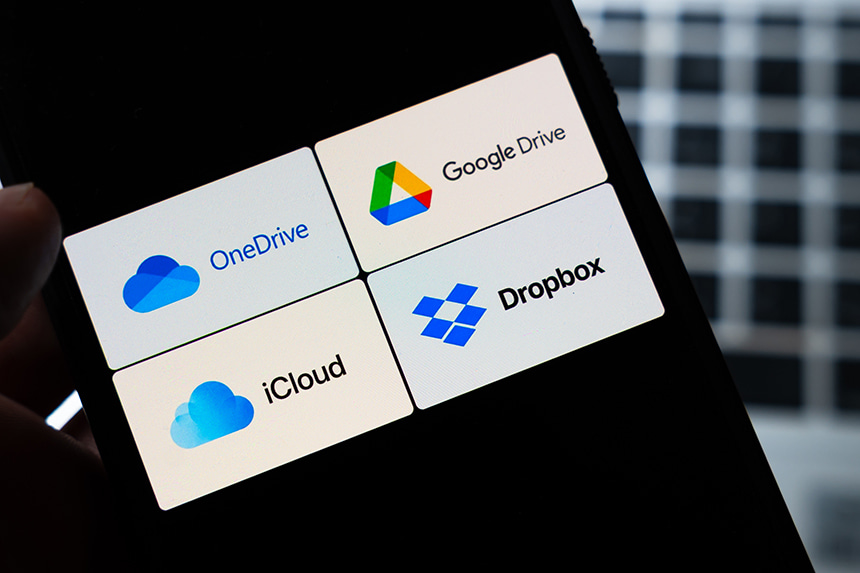 Cloud storage services displayed on a screen, including Google Drive, OneDrive, Dropbox, and iCloud.