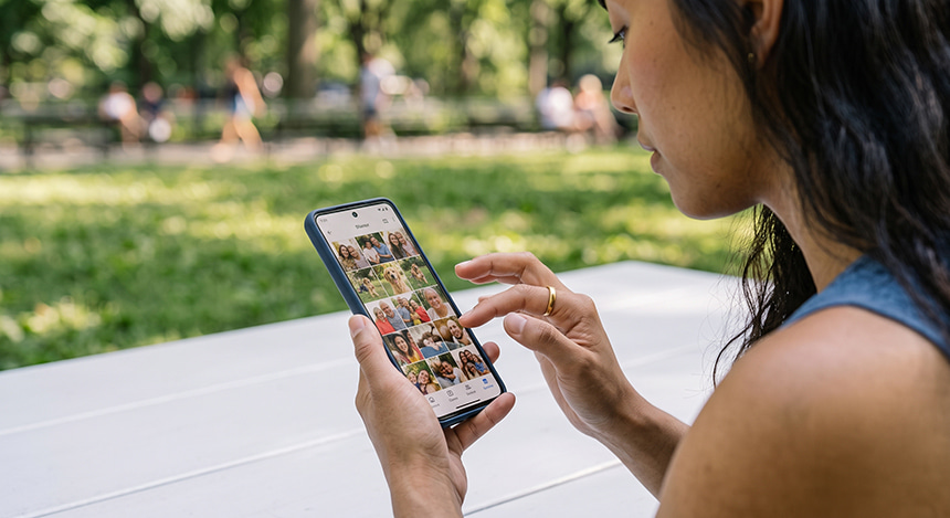 Woman browsing photos on her smartphone while sitting outdoors.