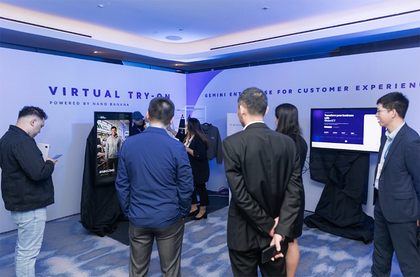 Executives test AI agents and Virtual Try-On booth in Gemini Agent Force room.
