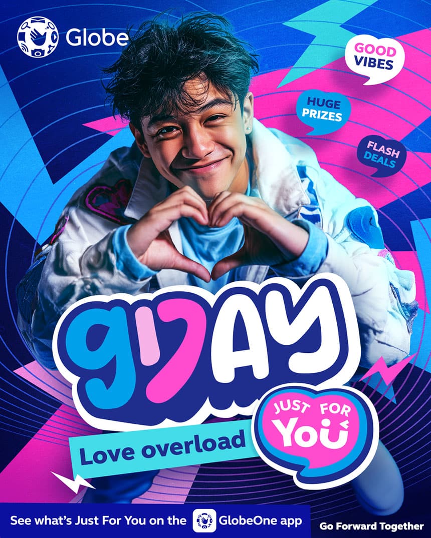 A young man making a hand heart for the Globe 917 GDay Love Overload campaign, promoting huge prizes and flash deals on the GlobeOne app.