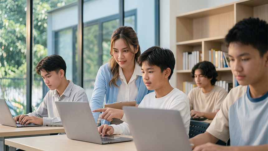 Teacher guiding a student using a laptop while other students work on their computers in a classroom.