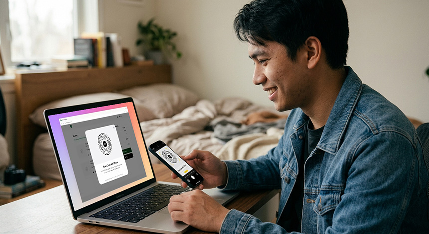 A man using Apple Pay to complete an online transaction.