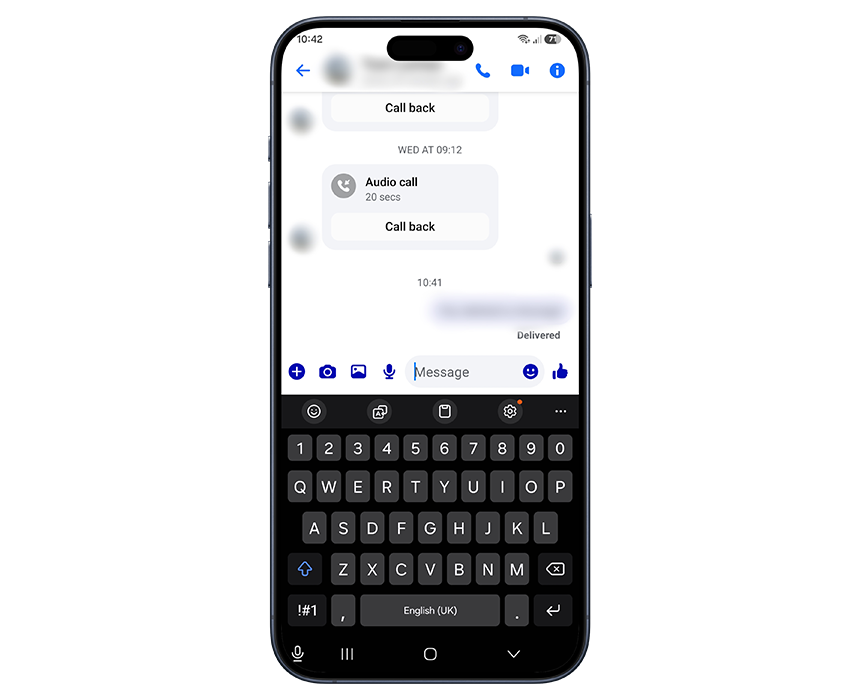 Smartphone showing a messaging app with a text conversation and call options