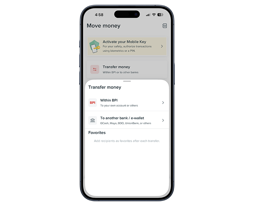 Mobile banking app displaying options to transfer money within BPI or to another bank or e-wallet