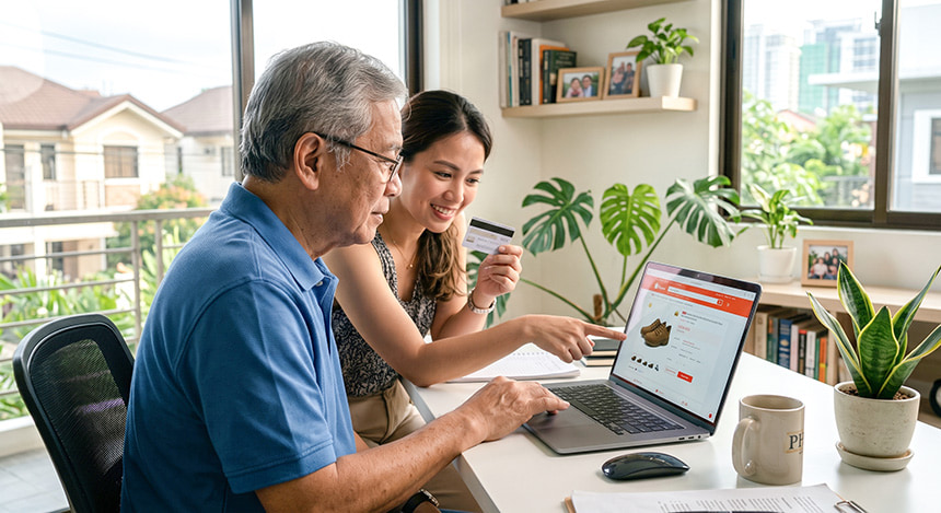 enior man shopping online with a family member using a laptop.