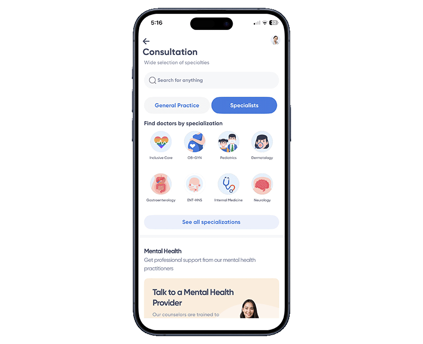 Mobile telehealth app showing a list of medical specialties for online consultations.