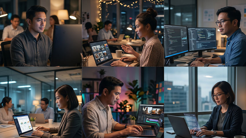 Six professionals using AI-powered tools for marketing, customer service, HR, analytics, and business operations.