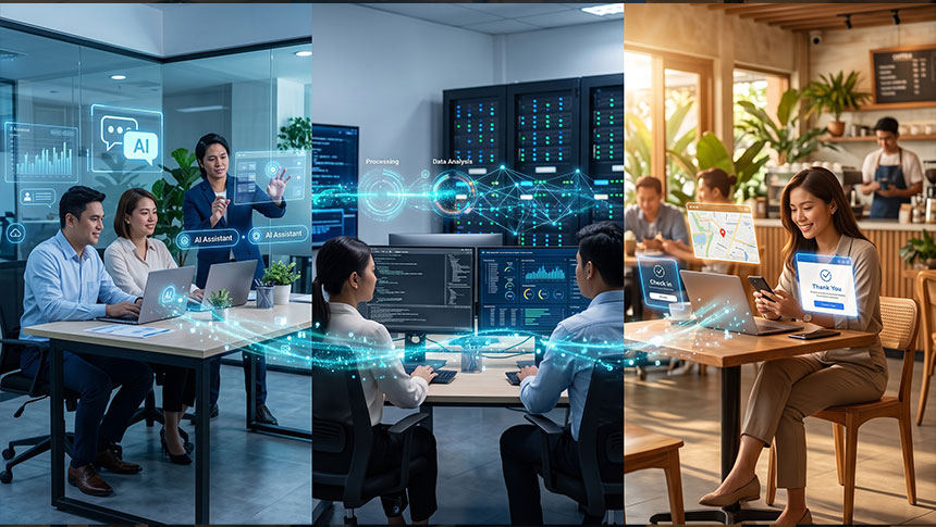 Illustration of AI connecting business workflows, data systems, and customer service interactions.