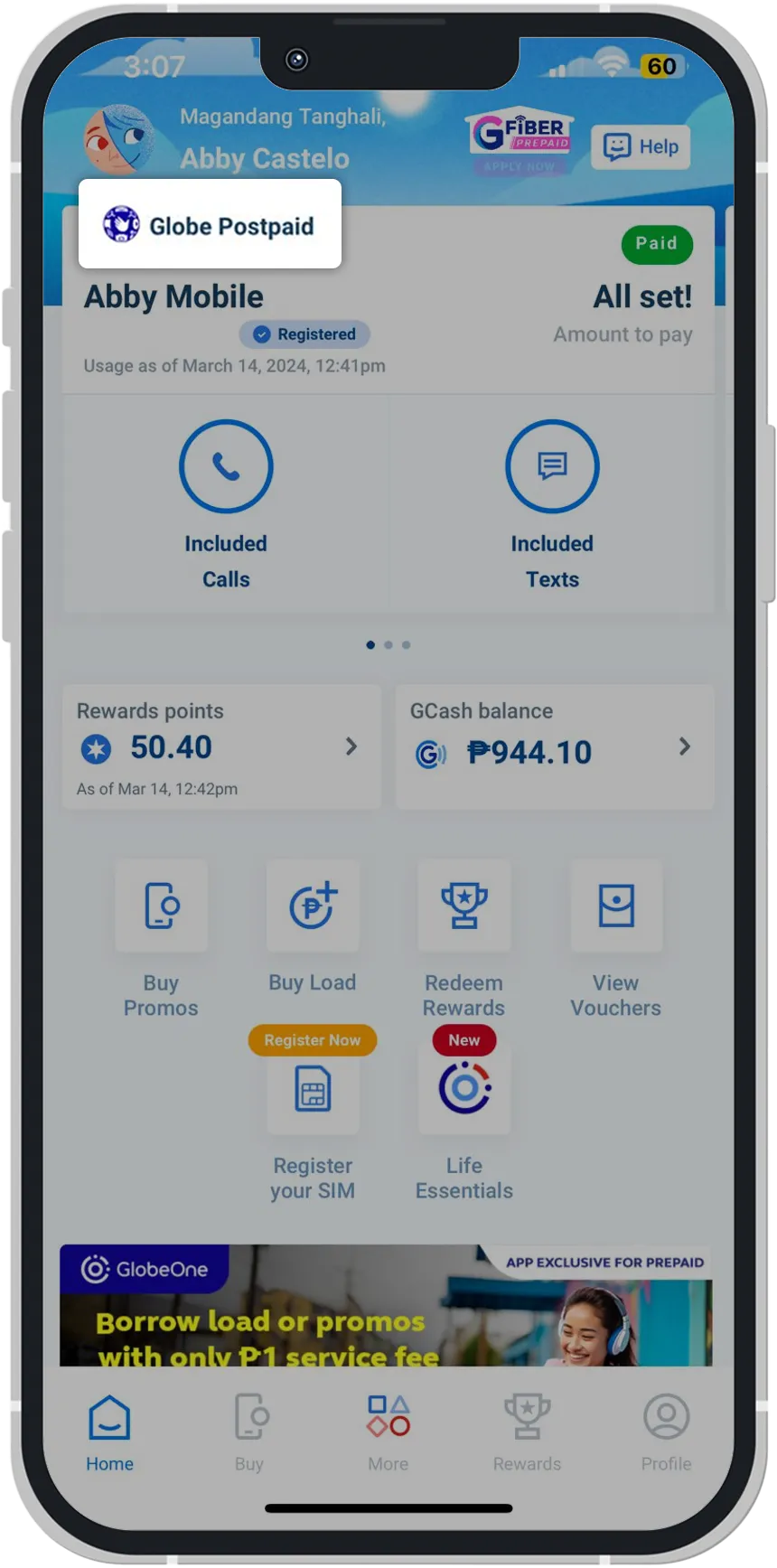 Photo of GlobeOne app UI for Globe postpaid customers.
