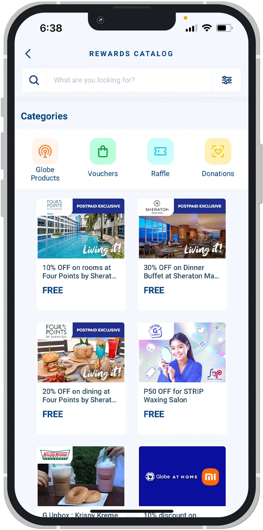 A mobile phone screen showing a rewards catalog with categories like Globe Products.