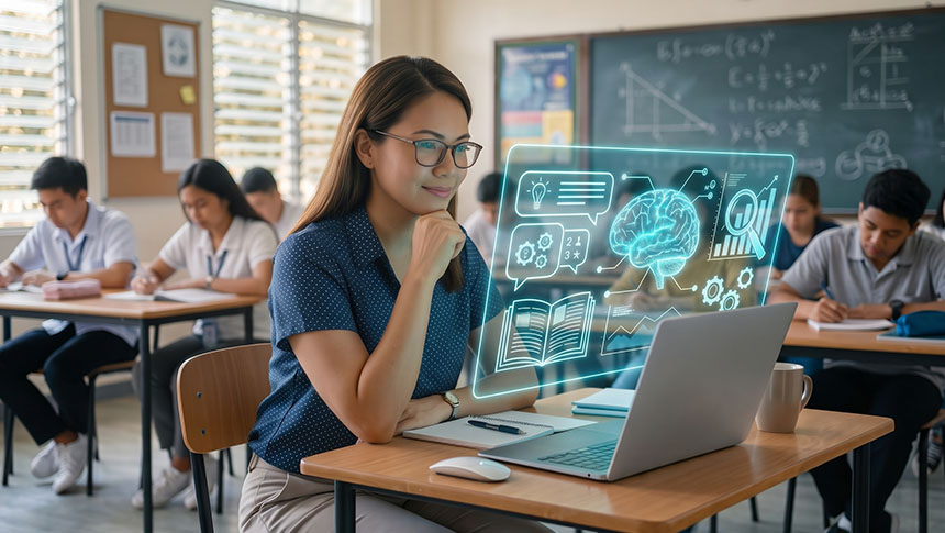 Teacher using a laptop with a holographic AI and digital learning display in a classroom.