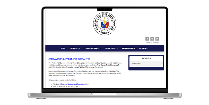 A web browser screen displaying the Affidavit of Support and Guarantee information page on the official Philippine Embassy in Berlin portal.