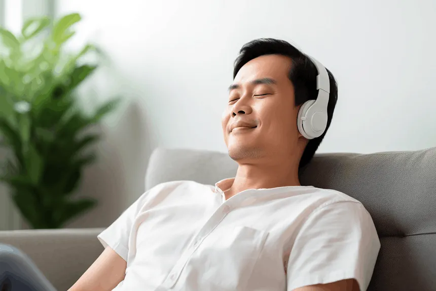 Relaxed man leans back on a sofa with eyes closed, listening to music on headphones.