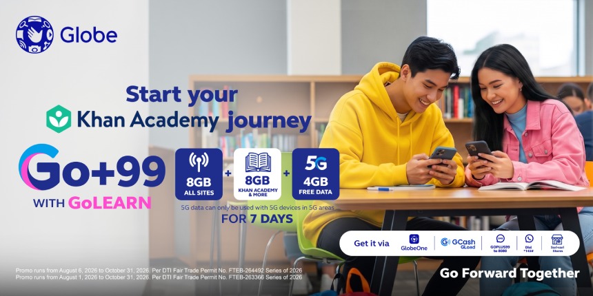Globe Go+99 promo with GoLEARN featuring two students using a smartphone to access Khan Academy.