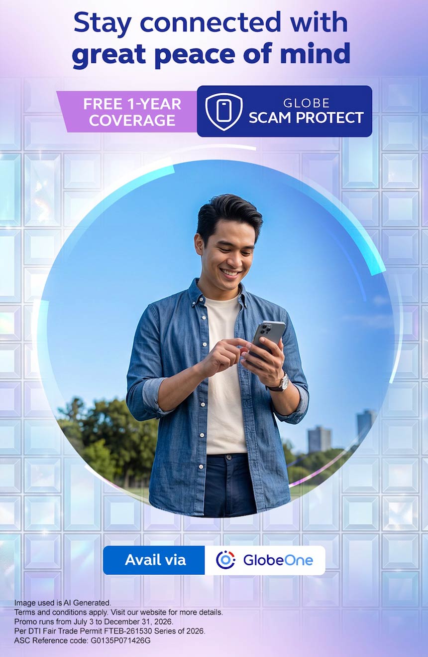 Globe Scam Protect poster offering free 1-year coverage via the GlobeOne app.