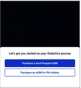 GlobeOne app screen with options to purchase a local prepaid eSIM or eSIM for PH visitors.