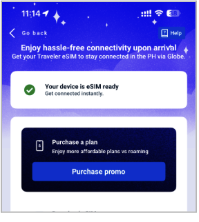 GlobeOne app screen confirming eSIM-ready device with “Purchase promo” button for traveler eSIM plans.