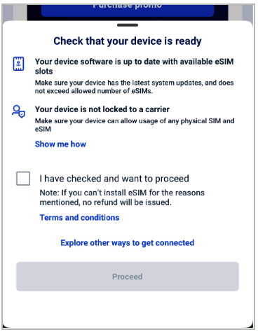 GlobeOne app screen checking device readiness, including eSIM slot availability and carrier unlock status.