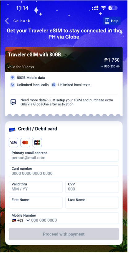 GlobeOne app checkout screen for Traveler eSIM with payment form for credit or debit card.