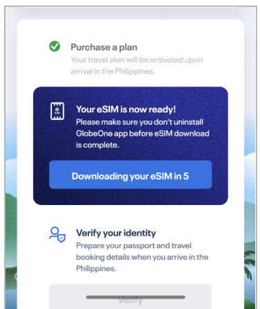 GlobeOne app screen confirming Traveler eSIM purchase with prompt to download and install eSIM.