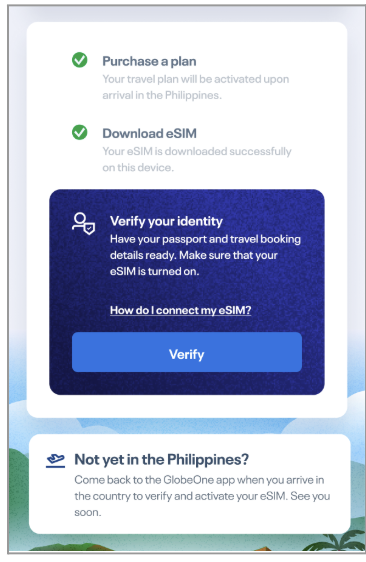 GlobeOne app screen showing eSIM download complete with prompt to verify identity for activation.